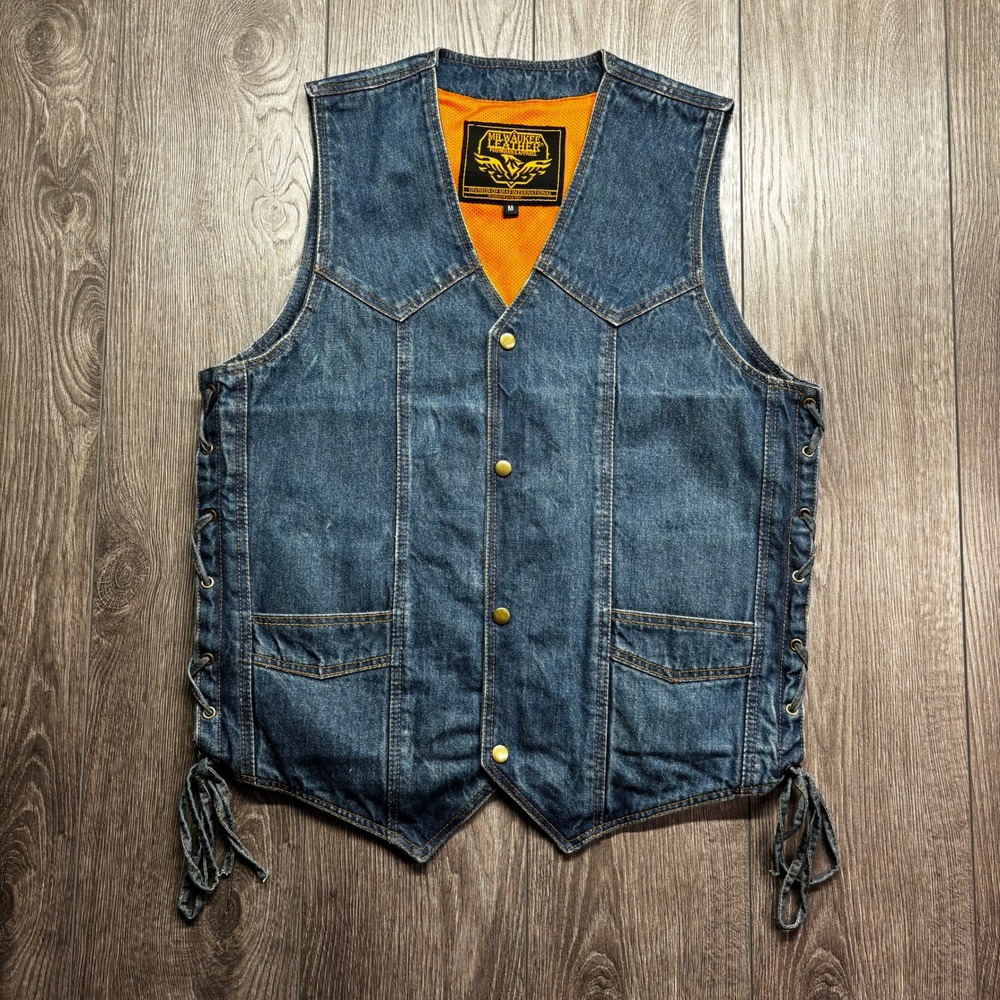 Milwaukee Leather Mens Medium Blue Denim Motorcycle Vest Side Lace Biker 7947